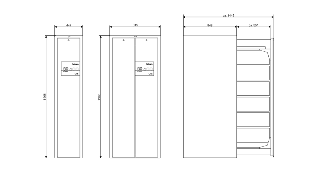 Размеры высоких безопасных шкафов с выдвижной дверью, вытяжных, Köttermann, EXPLORIS